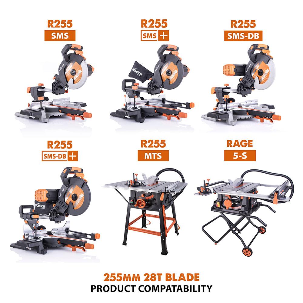 Evolution 255mm Multi-Material Cutting 28T Mitre & Table Saw Blade